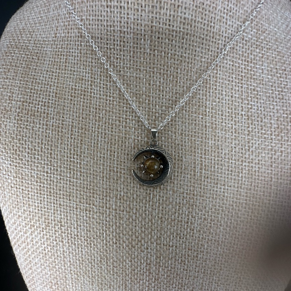 Rutilated Quartz and Silver Moon and Star Pendant Necklace on Box Chain - Picture 7 of 16